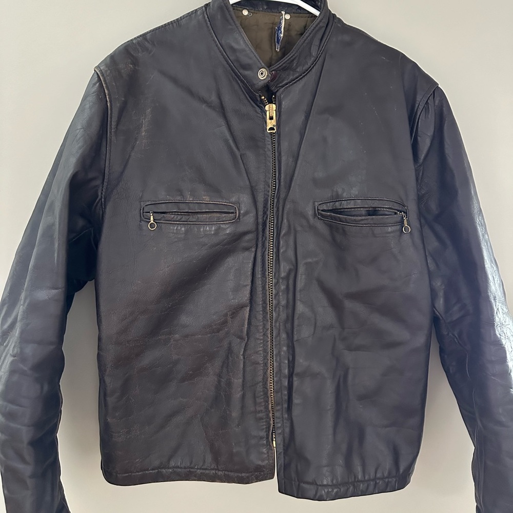 Men’s Brown Stand-Up Collar Full Zip Leather Jacket Quilted Lining